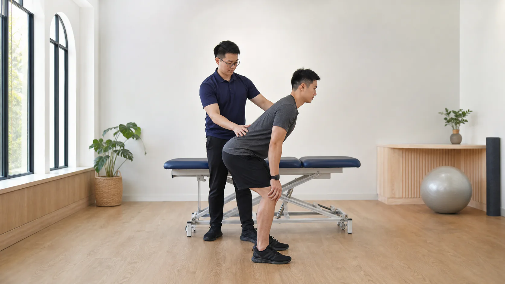 Patient practising a comfortable spine-friendly hip hinge