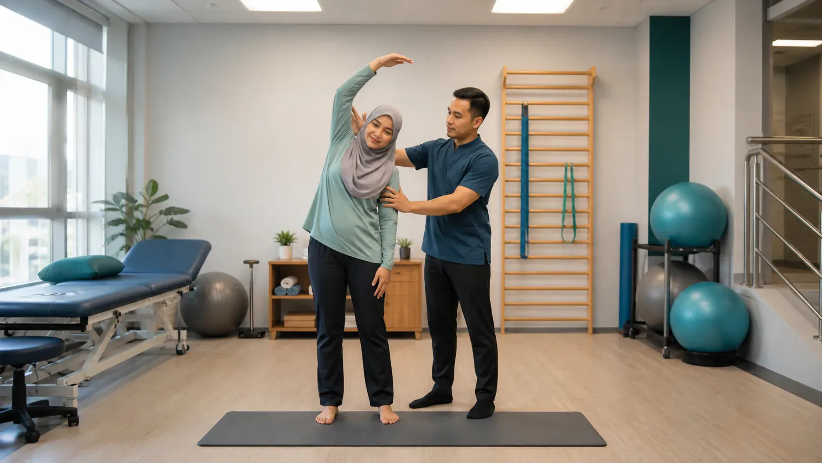 Pesakit berlatih pergerakan hip hinge yang selesa untuk tulang belakang