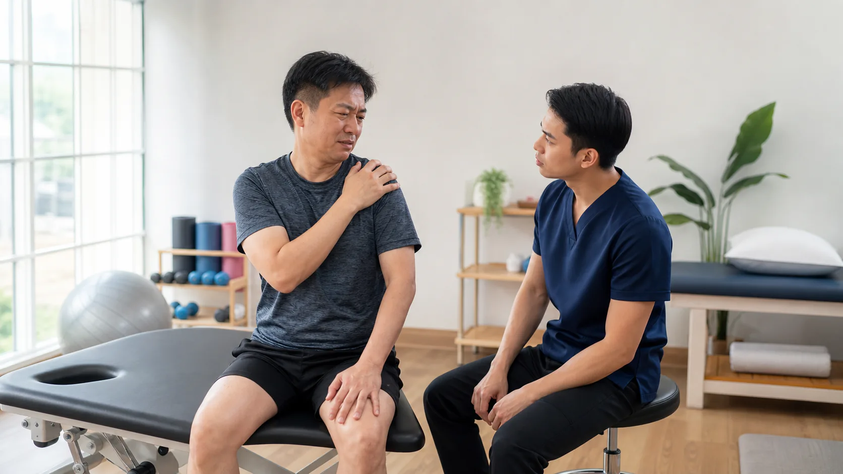 Patient describing shoulder pain while a physiotherapist listens