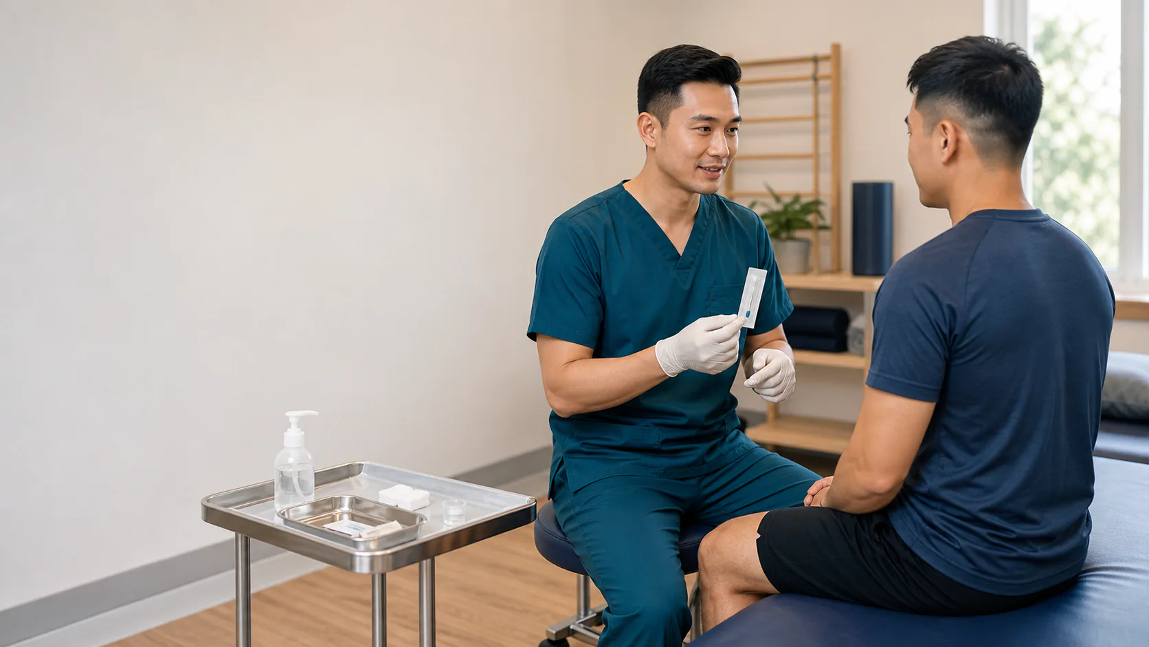 Physiotherapist explaining a sealed dry-needling packet before treatment