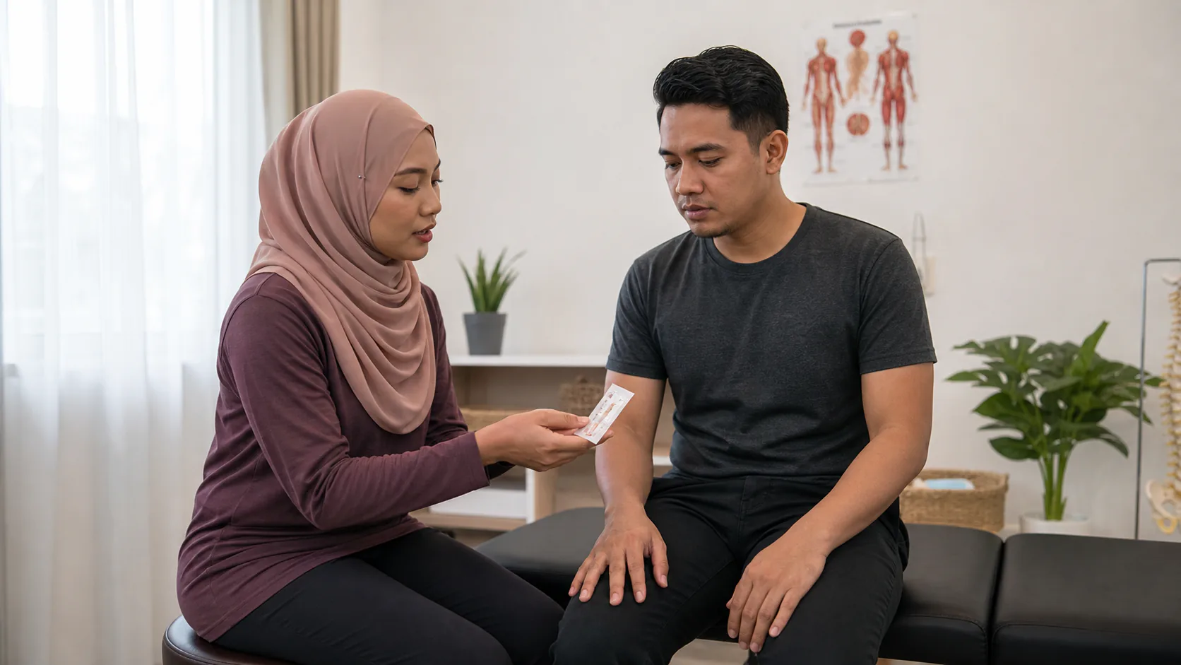 Ahli fisioterapi menerangkan pek dry needling berseal sebelum rawatan