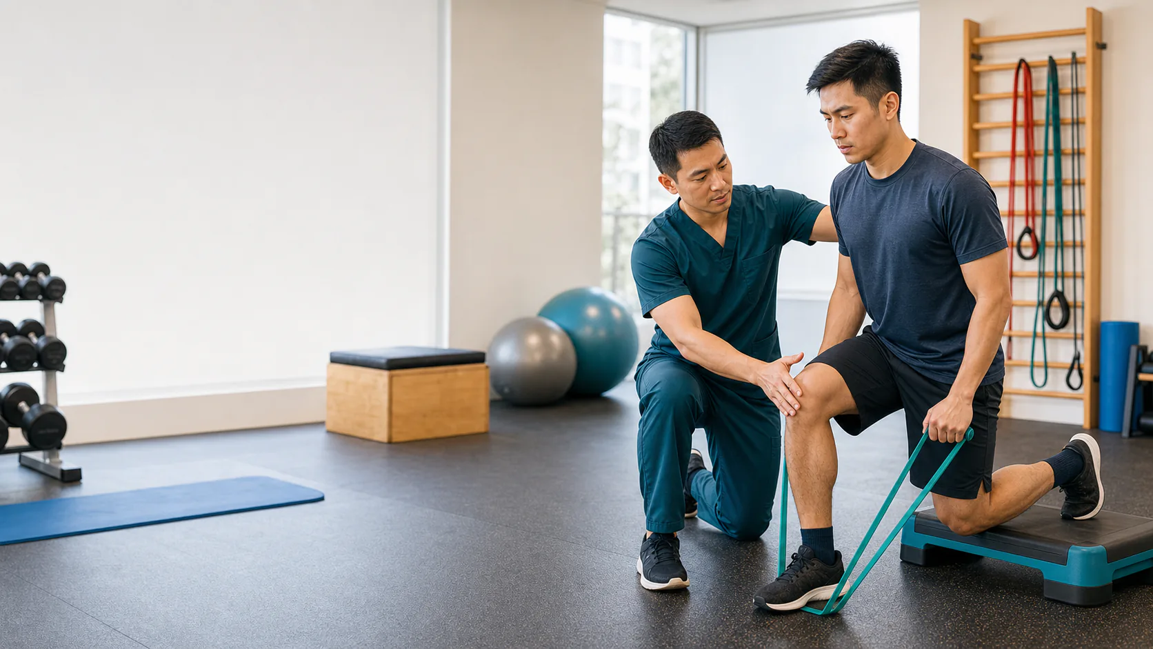 Physiotherapist teaching a tailored resistance-band exercise