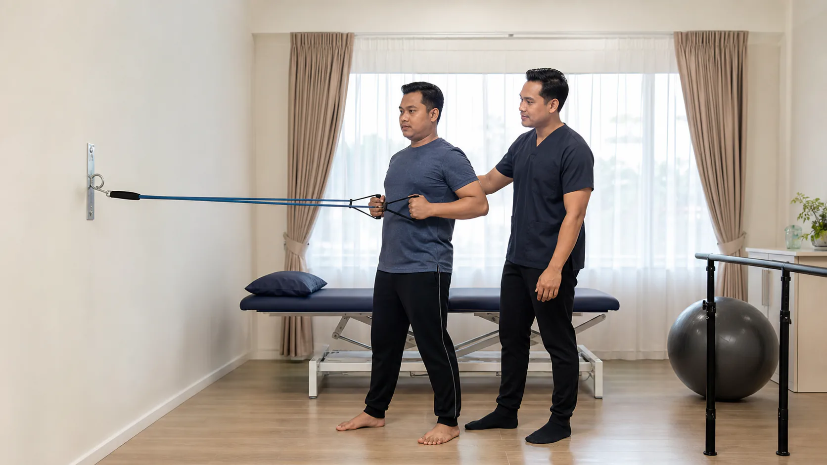 Ahli fisioterapi mengajar senaman resistance band yang disesuaikan