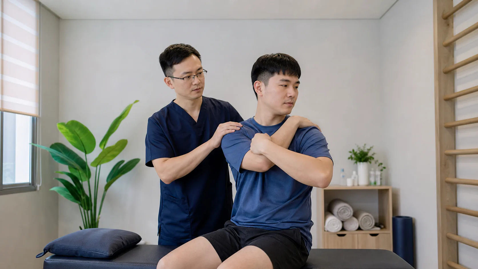 Physiotherapist checking comfortable movement before pain rehabilitation