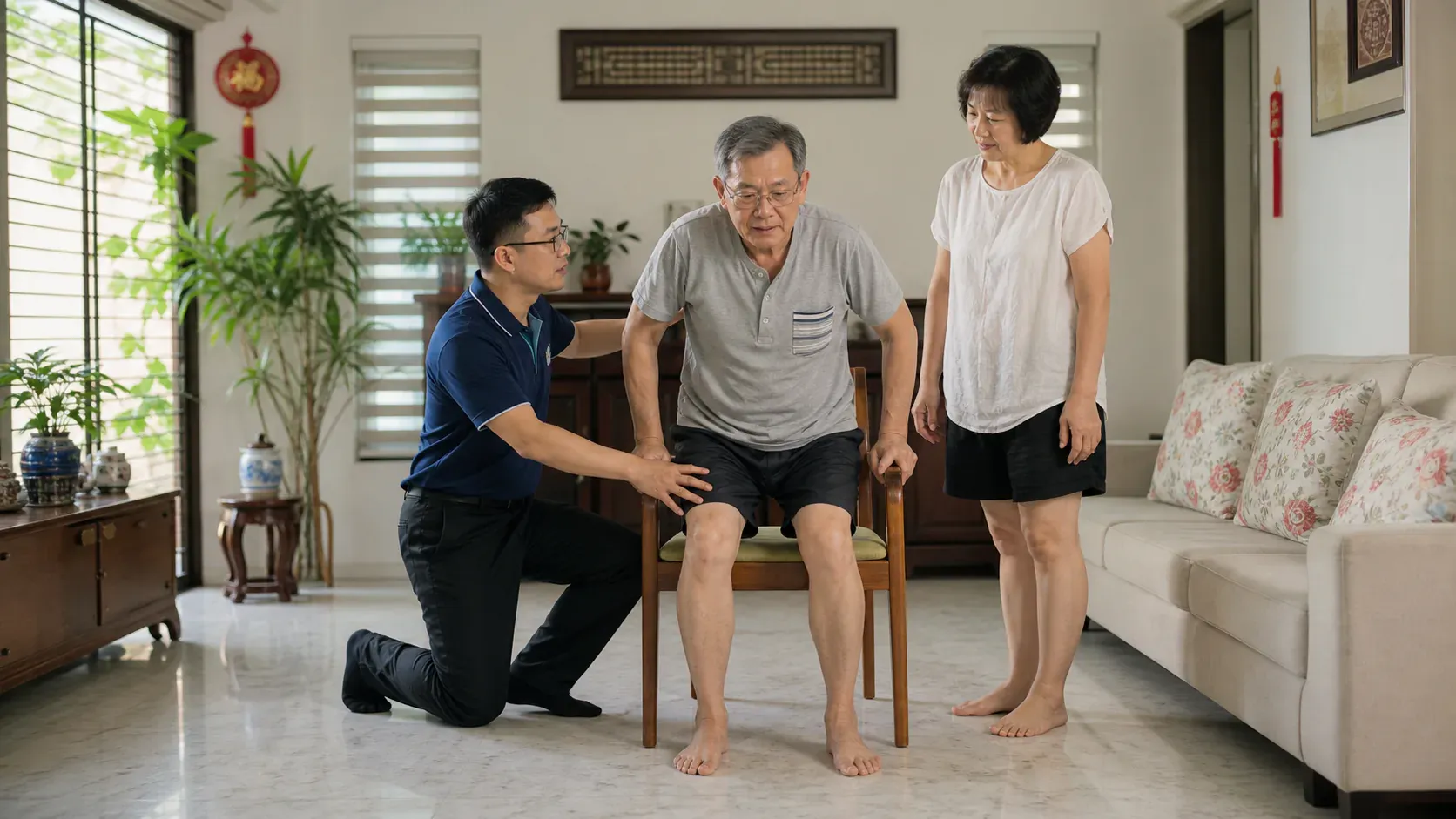 Physiotherapist teaching an exercise in a Malaysian living room