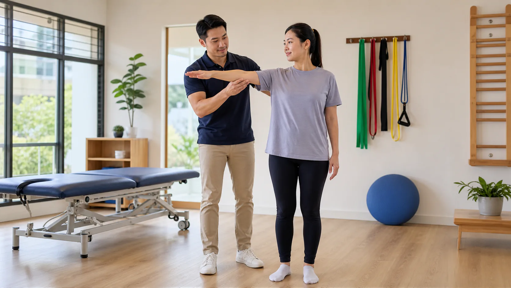 Physiotherapist assessing a patient's shoulder movement in a Melaka clinic