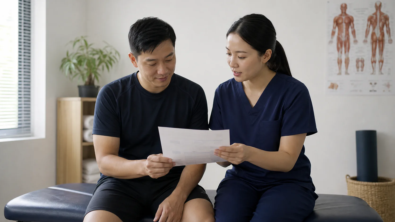 Patient and physiotherapist reviewing neutral coverage paperwork
