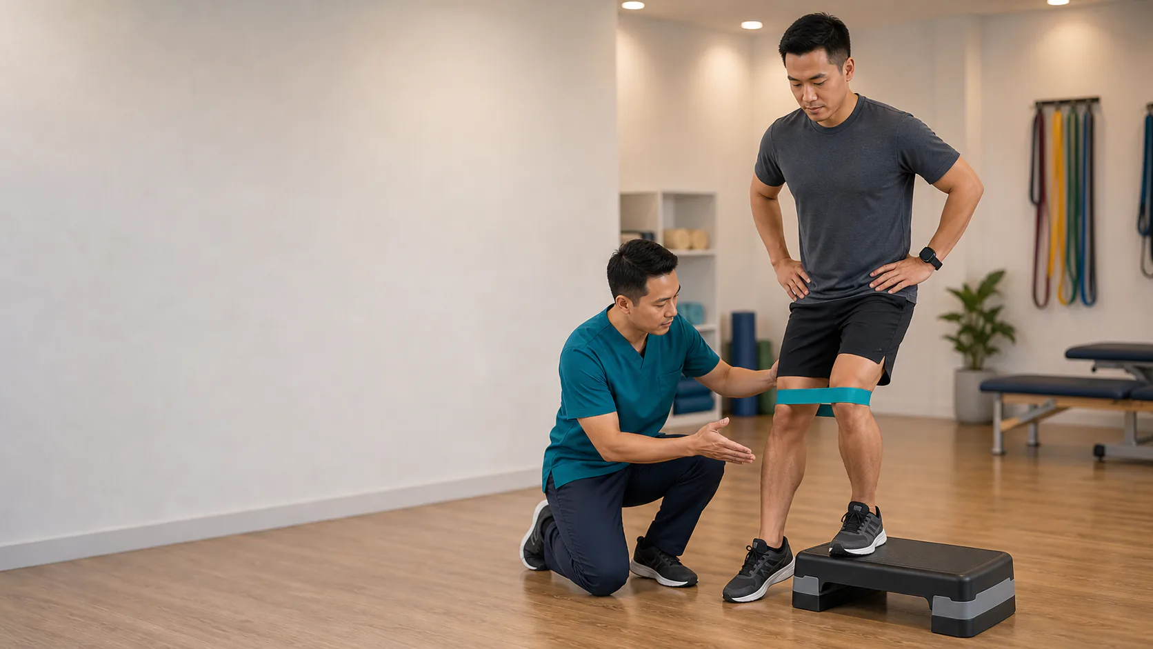 Patient completing a controlled knee-alignment step exercise