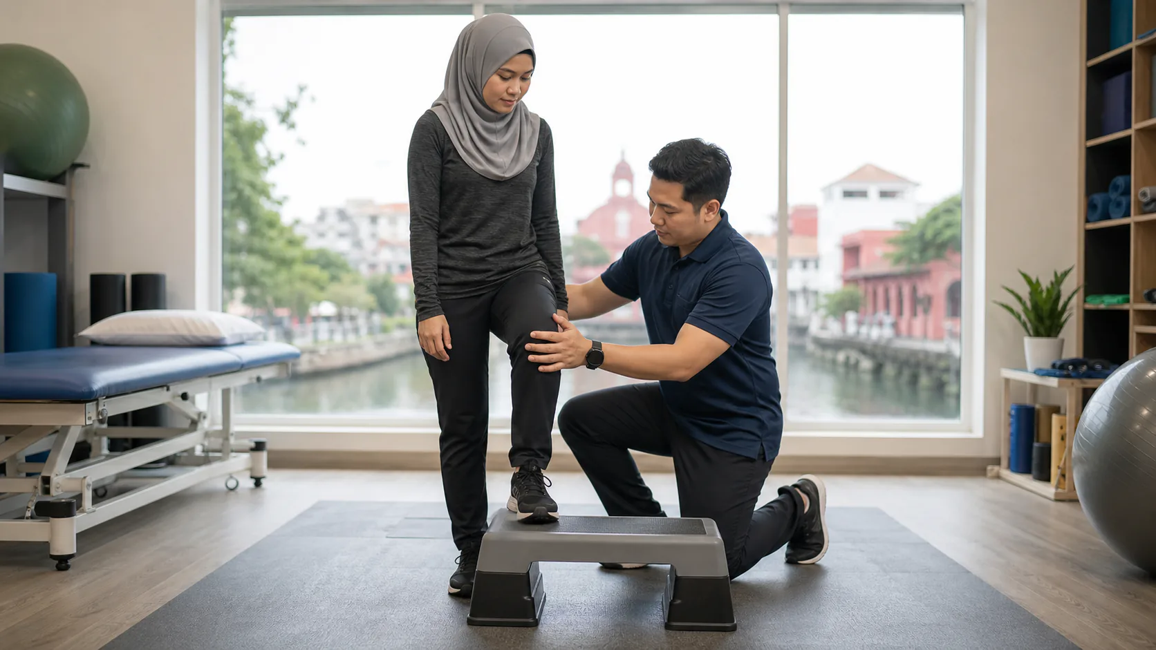 Pesakit melakukan senaman langkah dengan penjajaran lutut terkawal