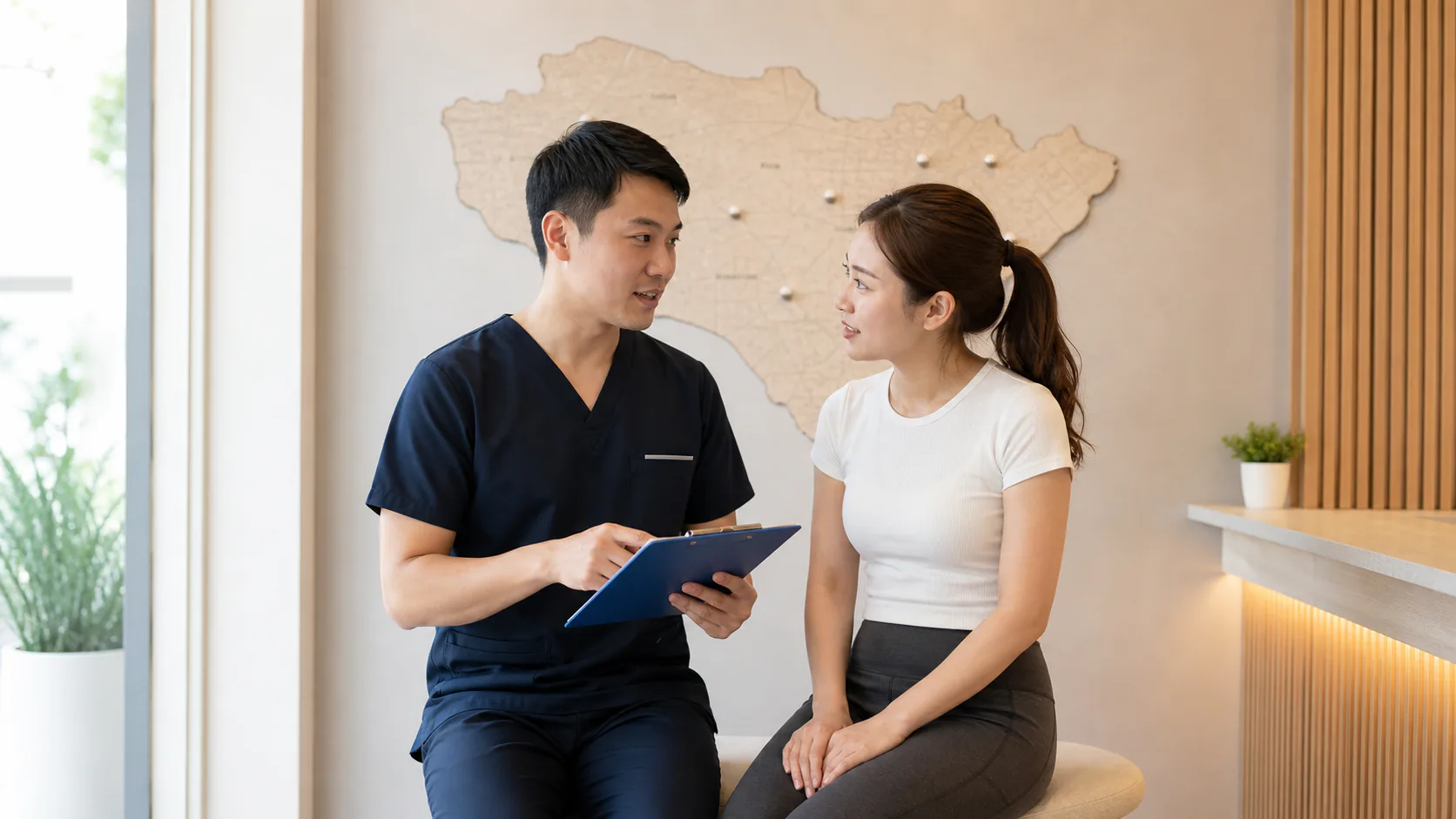 Physiotherapist helping a patient consider physiotherapy locations across Melaka