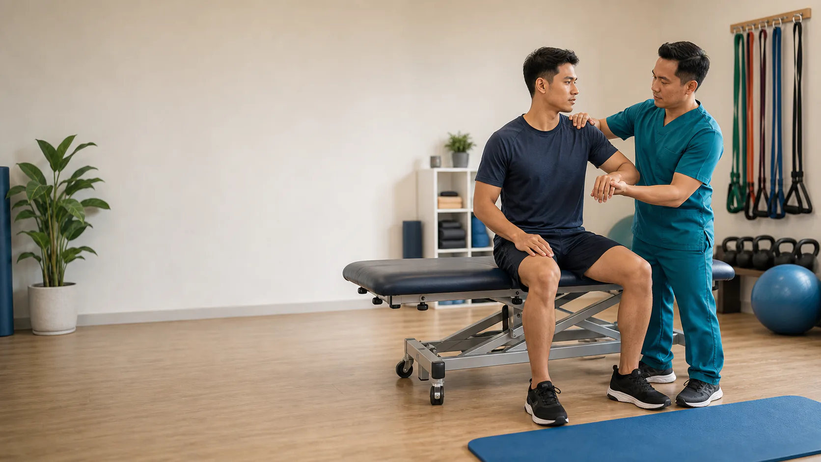 Physiotherapist assessing shoulder and upper-back movement