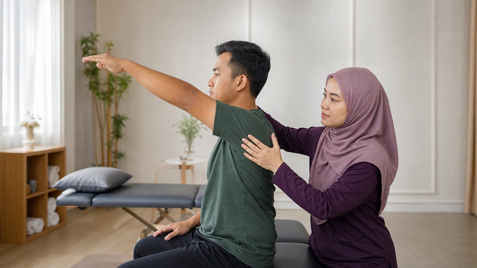 Ahli fisioterapi menilai pergerakan bahu dan bahagian belakang atas