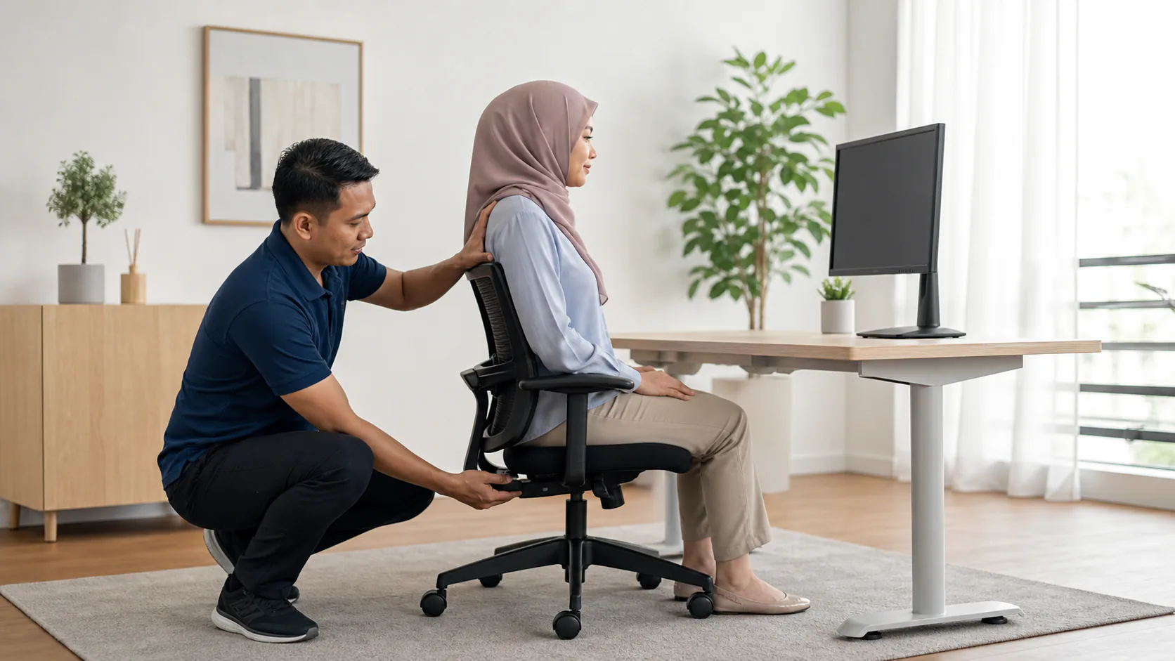 Ahli fisioterapi melaras postur tempat kerja bersama pekerja pejabat