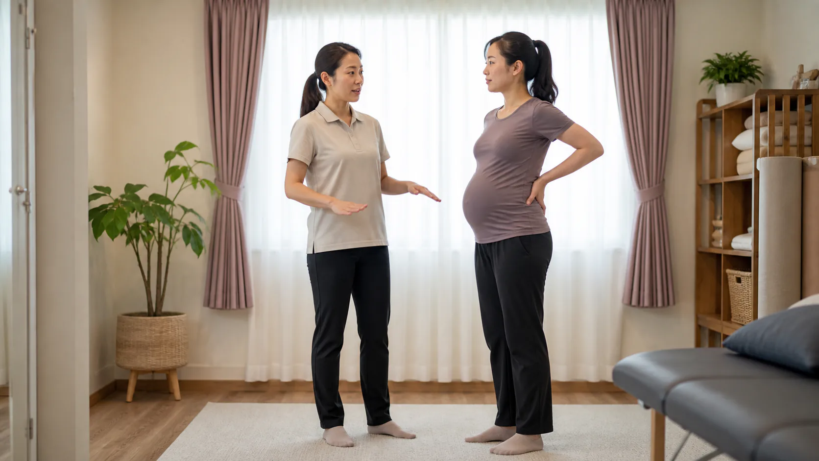 Female physiotherapist discussing safe movement during pregnancy