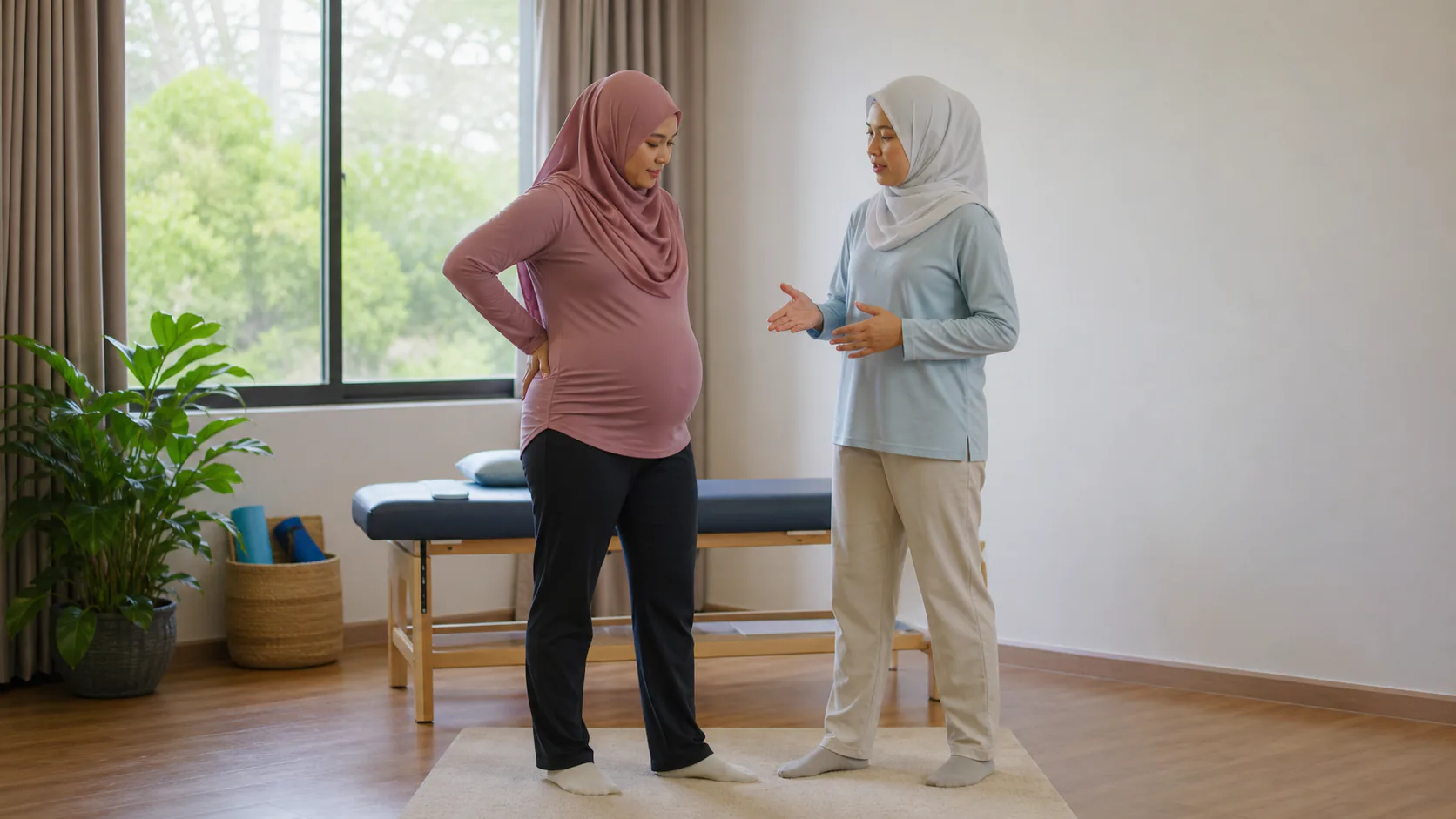 Ahli fisioterapi wanita berbincang tentang pergerakan selamat semasa hamil