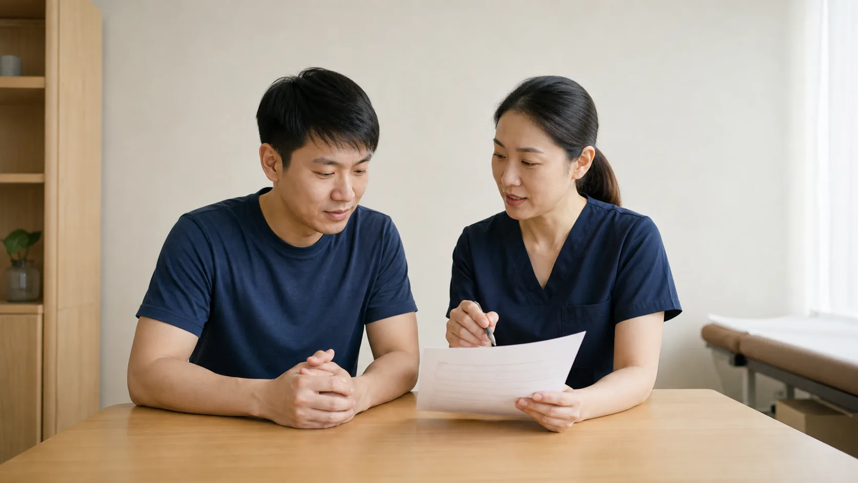 Physiotherapist explaining a printed treatment estimate to a patient