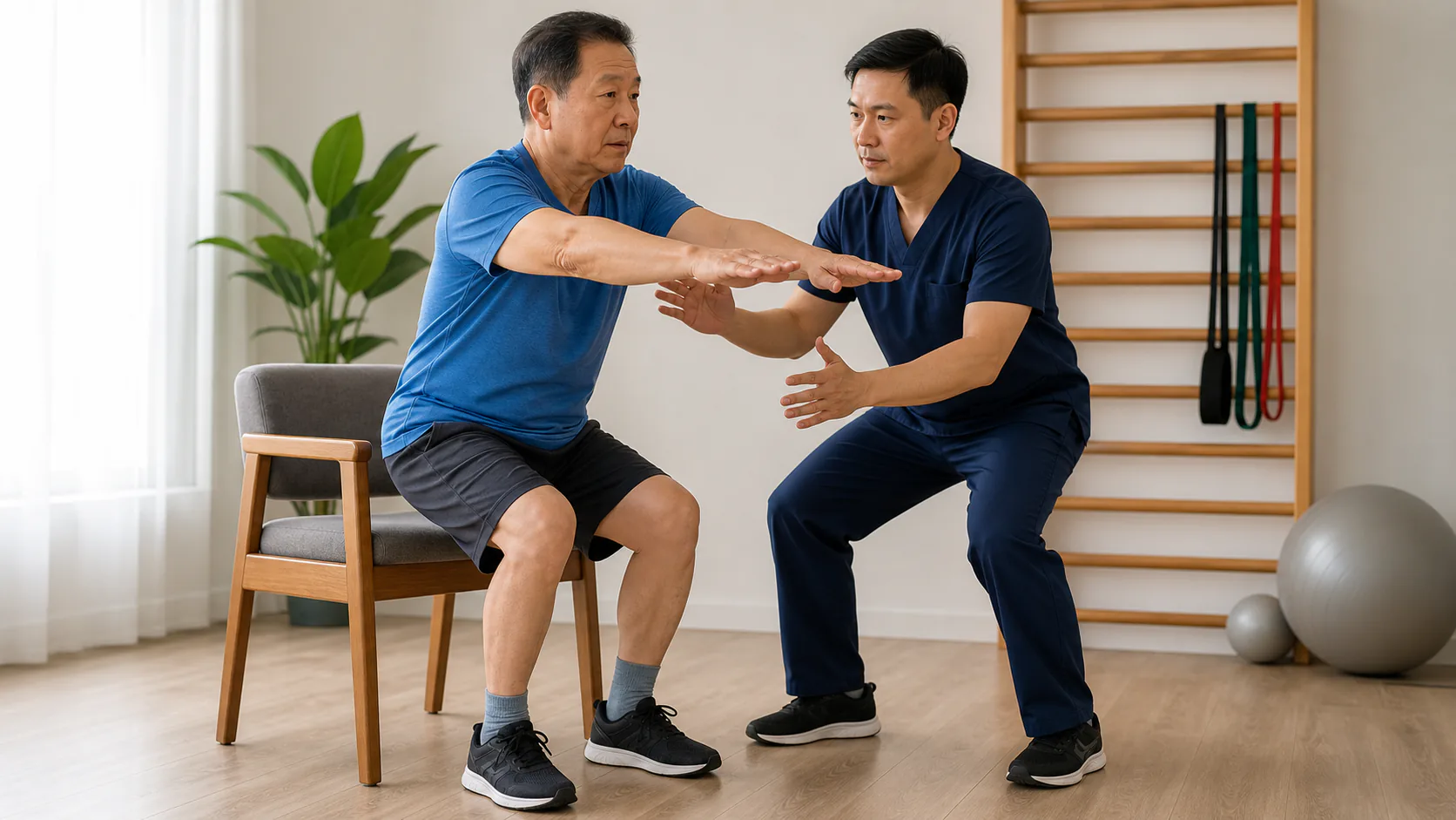 Older adult practising a supervised sit-to-stand exercise