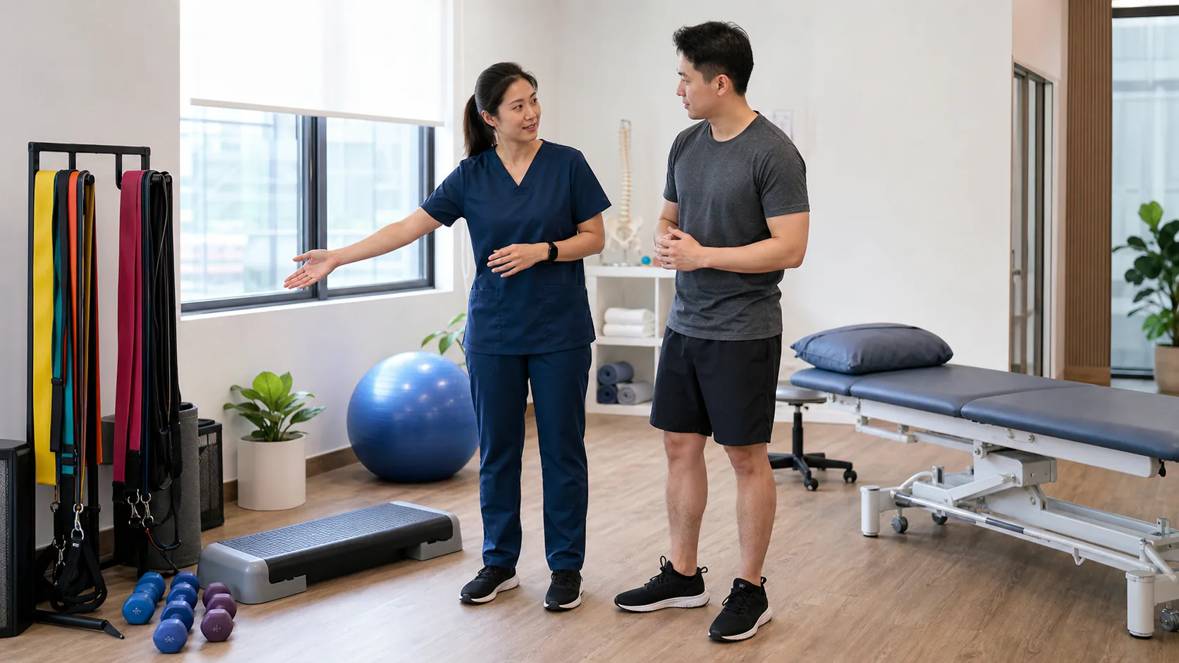 Physiotherapist explaining rehabilitation options using exercise equipment