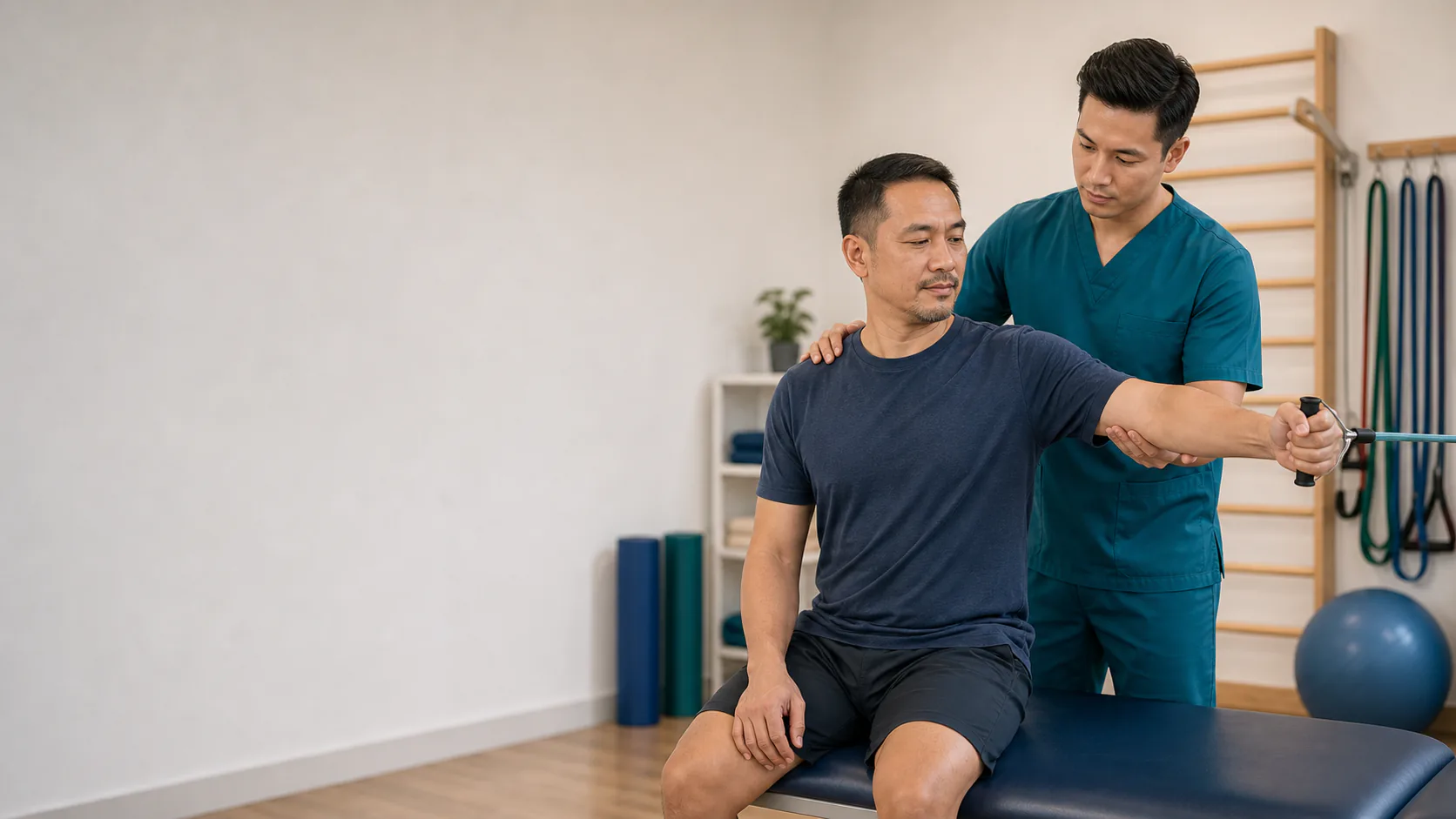 Physiotherapist guiding a gentle shoulder movement assessment