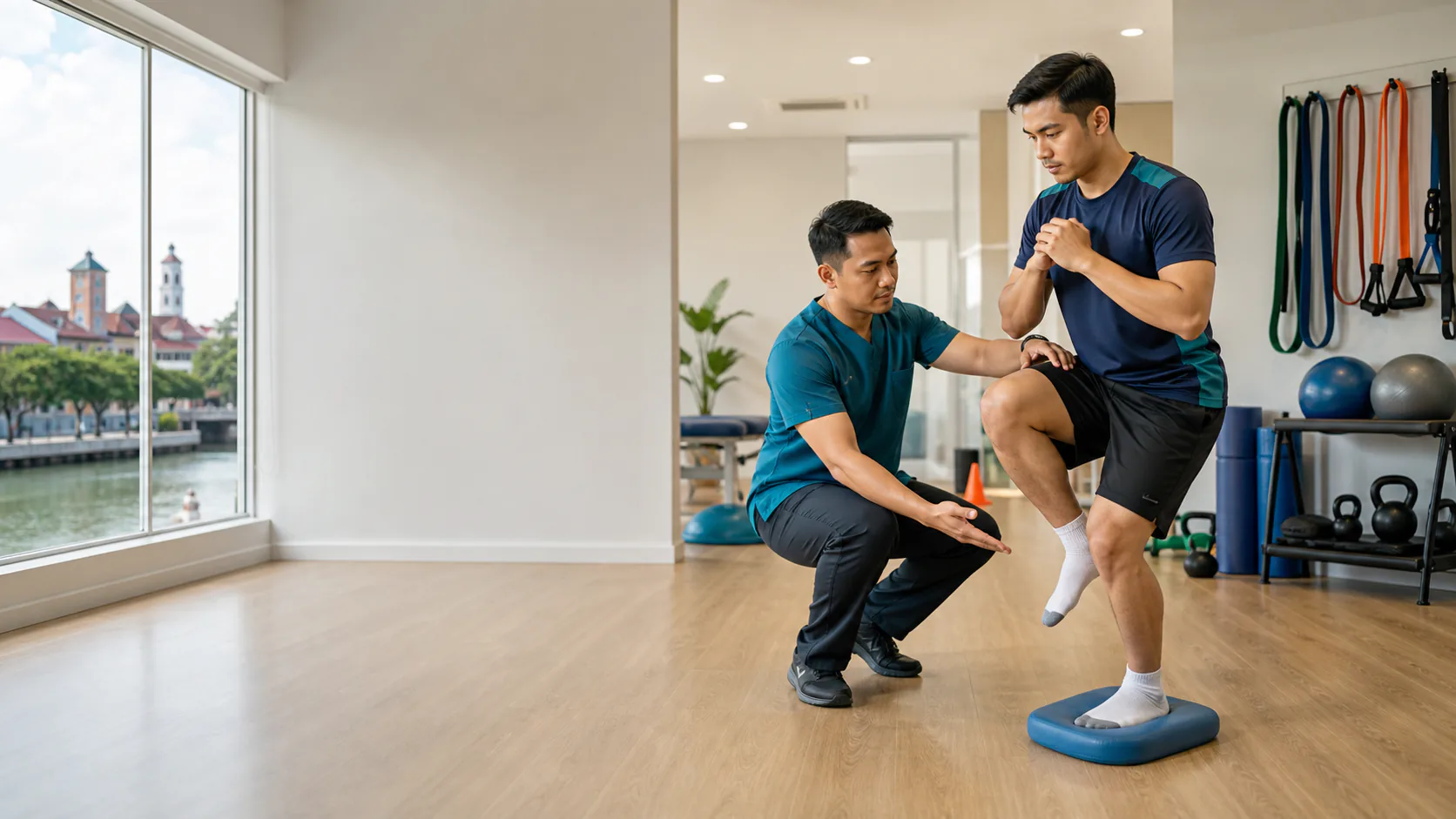 Athlete completing a supervised single-leg stability test