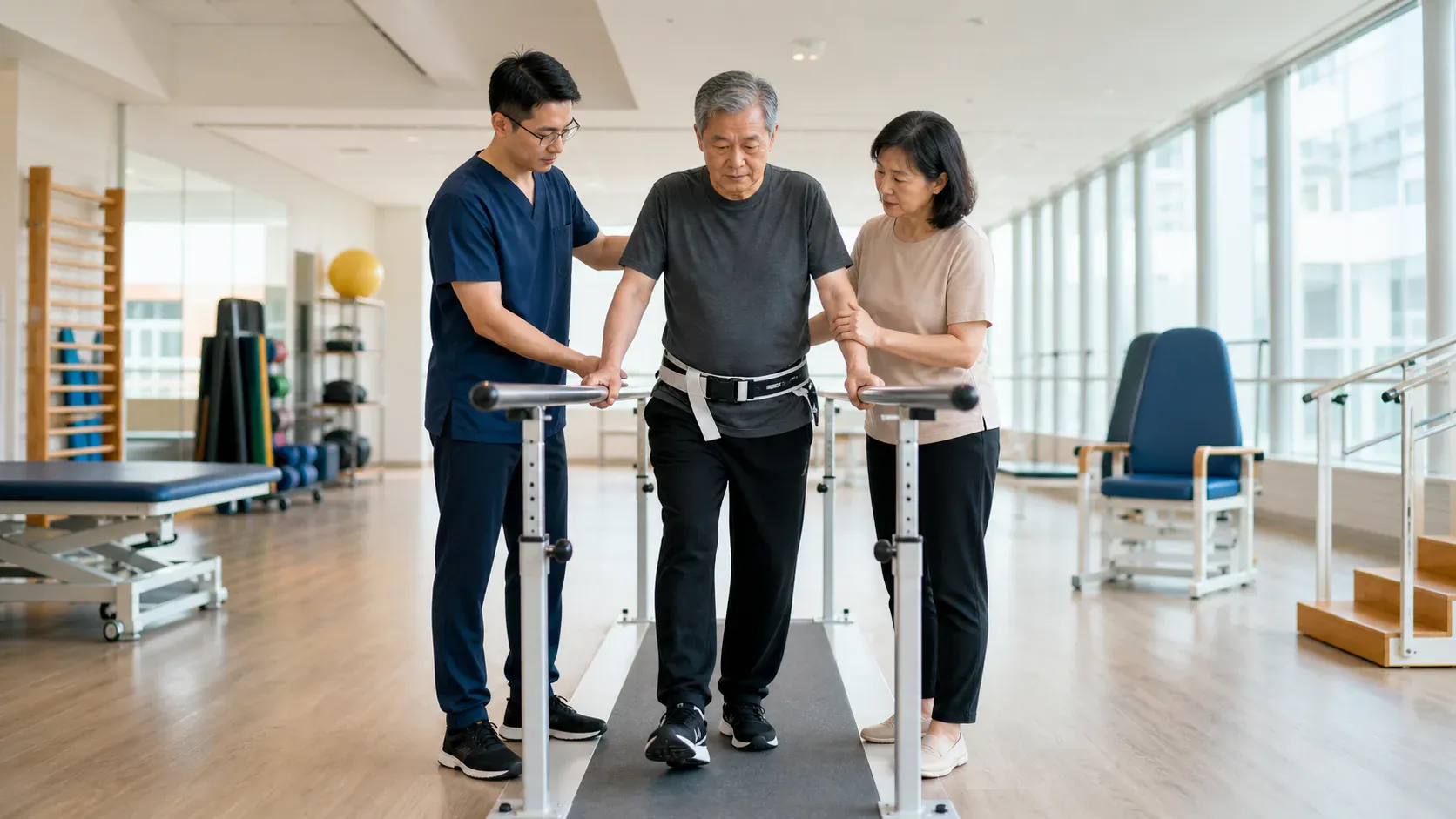 Older adult practising supported standing during stroke rehabilitation