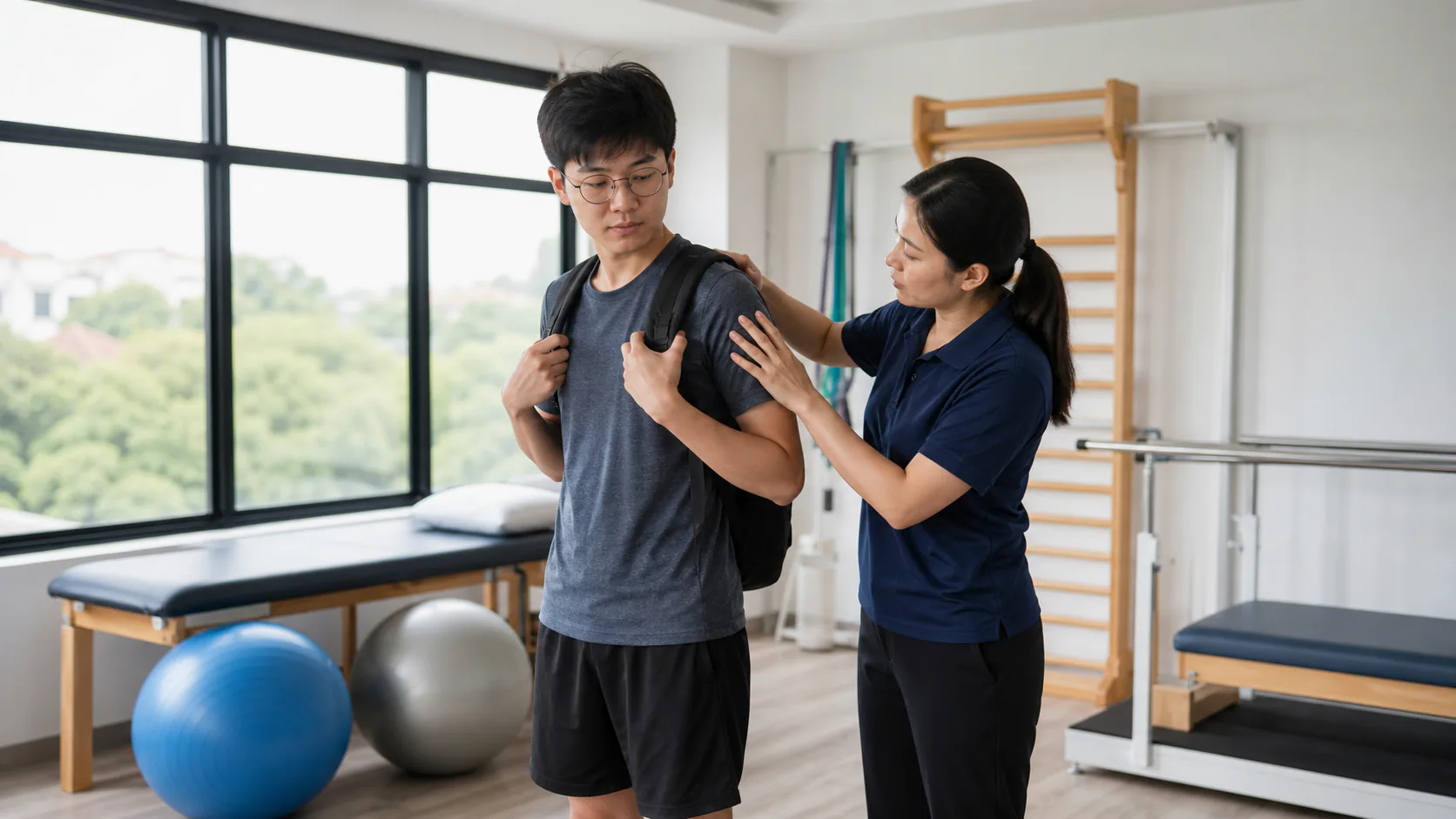 Student receiving posture guidance from a physiotherapist