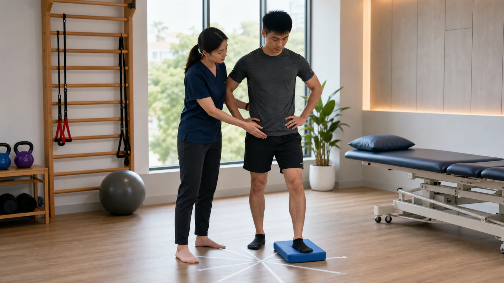 Physiotherapist guiding a patient through a balance self-check