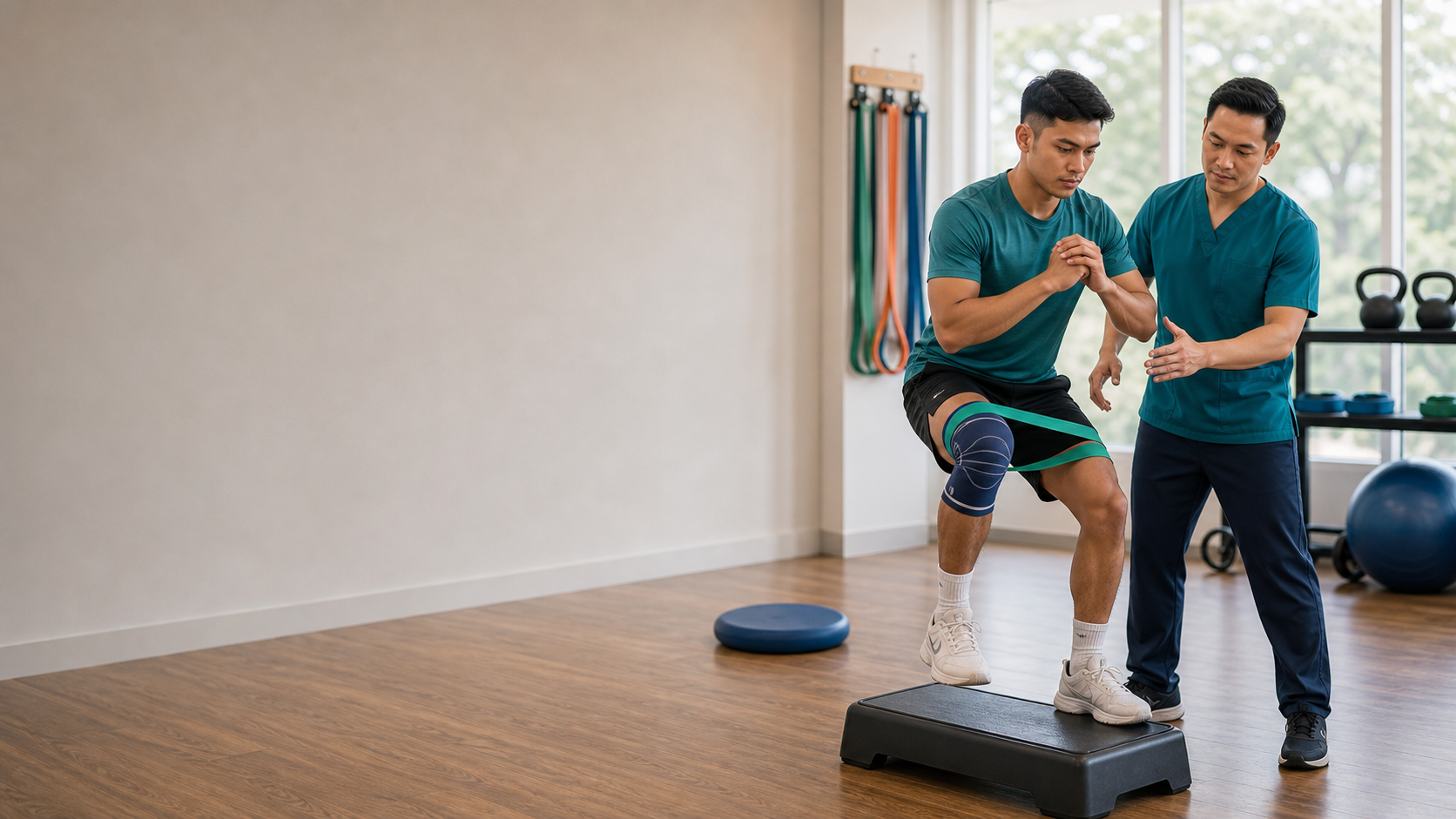Physiotherapist coaching a patient through a supervised knee stability exercise after ACL injury