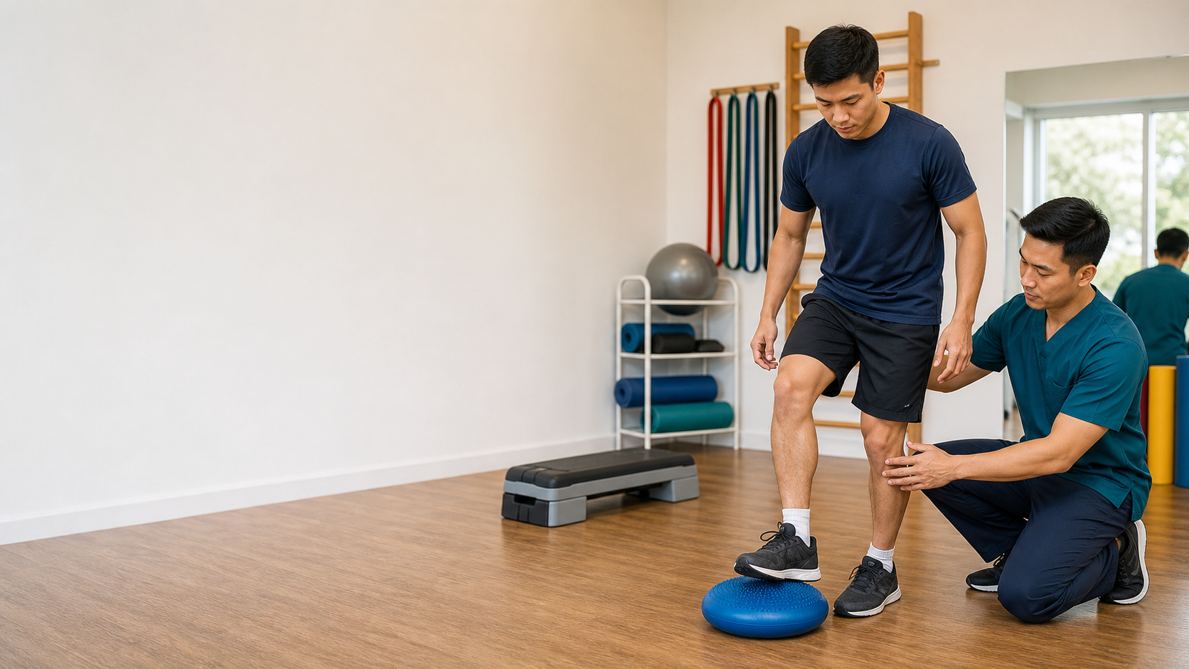 Physiotherapist coaching a patient through a supported balance exercise after an ankle sprain