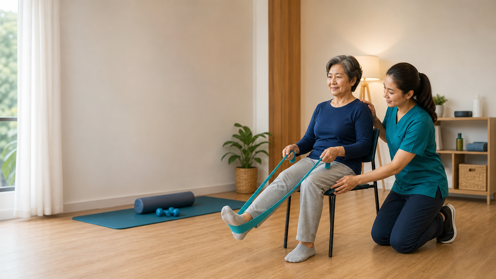 Physiotherapist coaching an older adult through a joint-friendly strengthening exercise