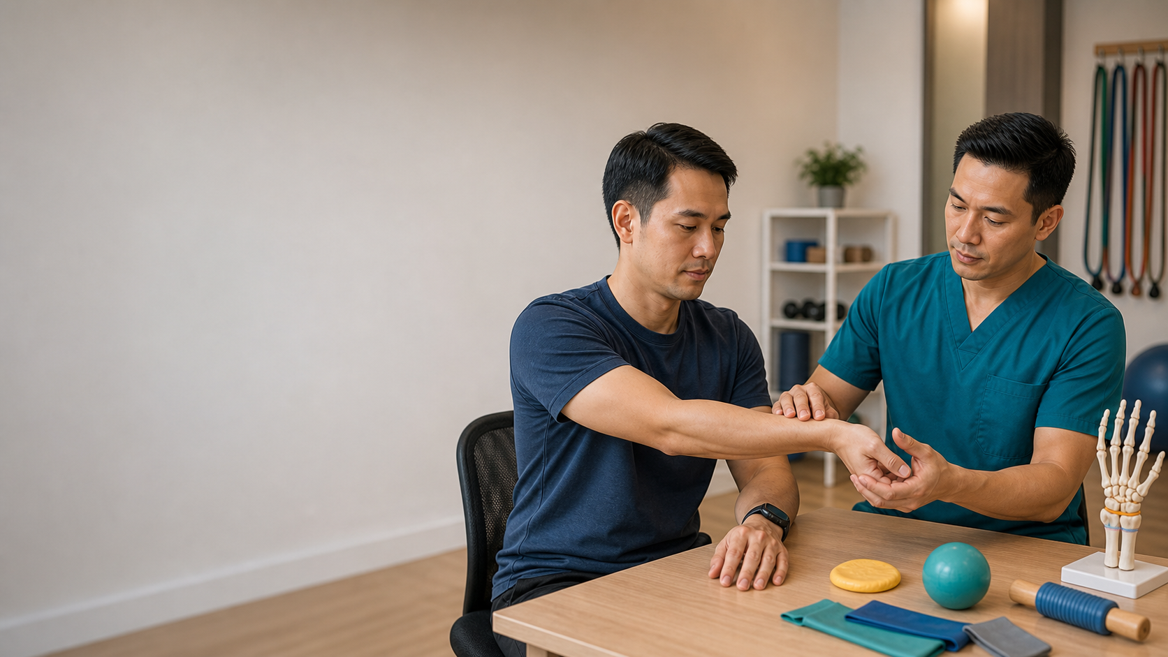 Physiotherapist assessing wrist position and hand movement for carpal tunnel symptoms