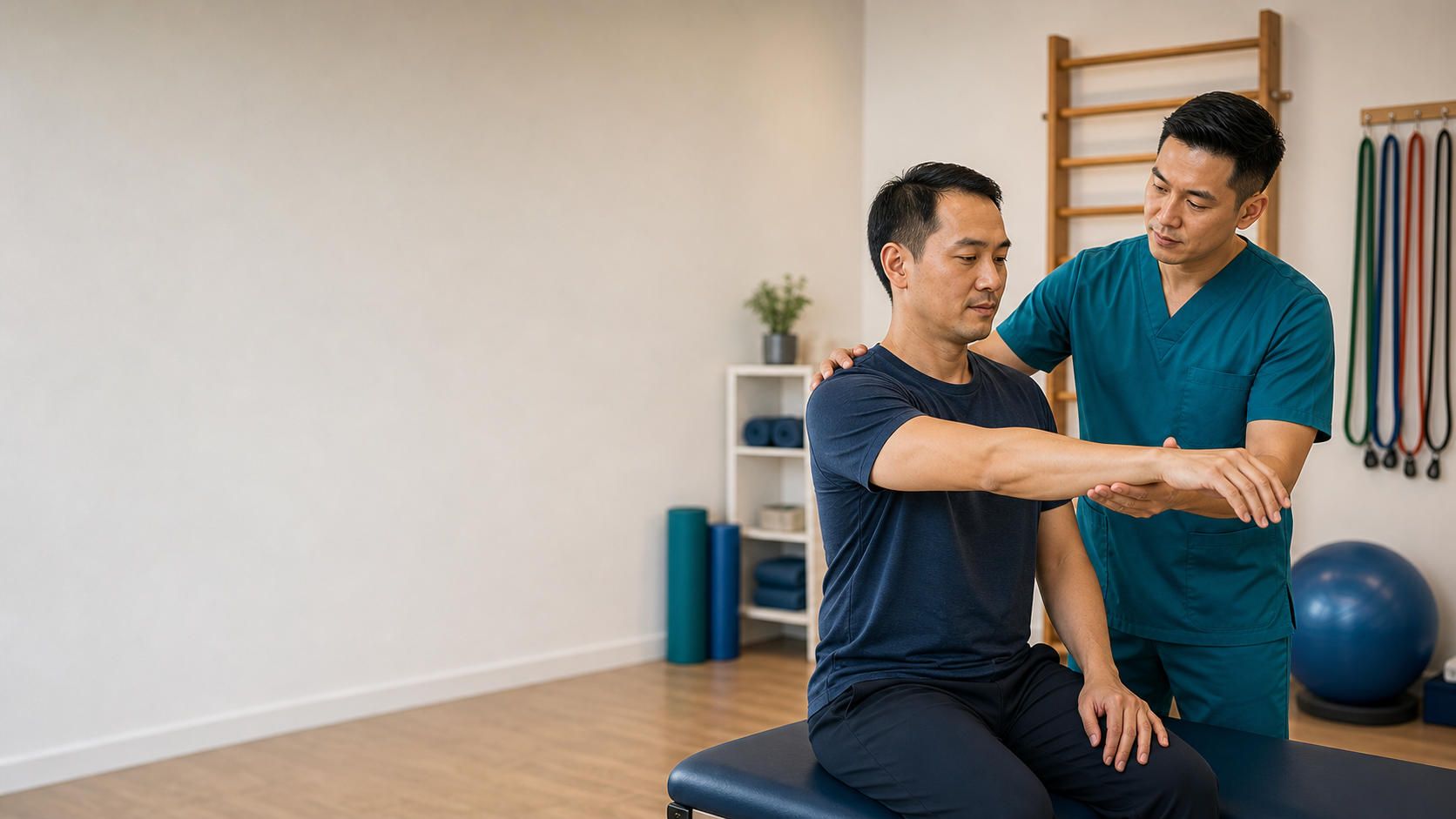 Physiotherapist assisting a patient with a gentle frozen shoulder mobility exercise