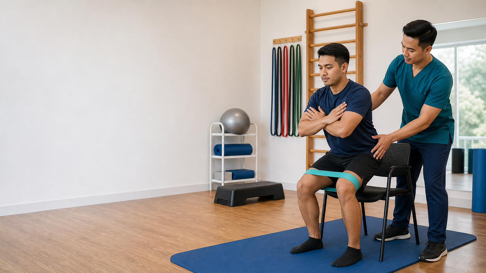 Physiotherapist coaching a patient through a safe hip strengthening exercise