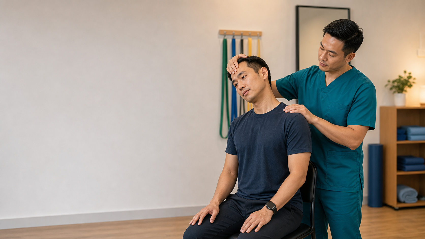 Physiotherapist teaching an office worker a gentle neck mobility exercise