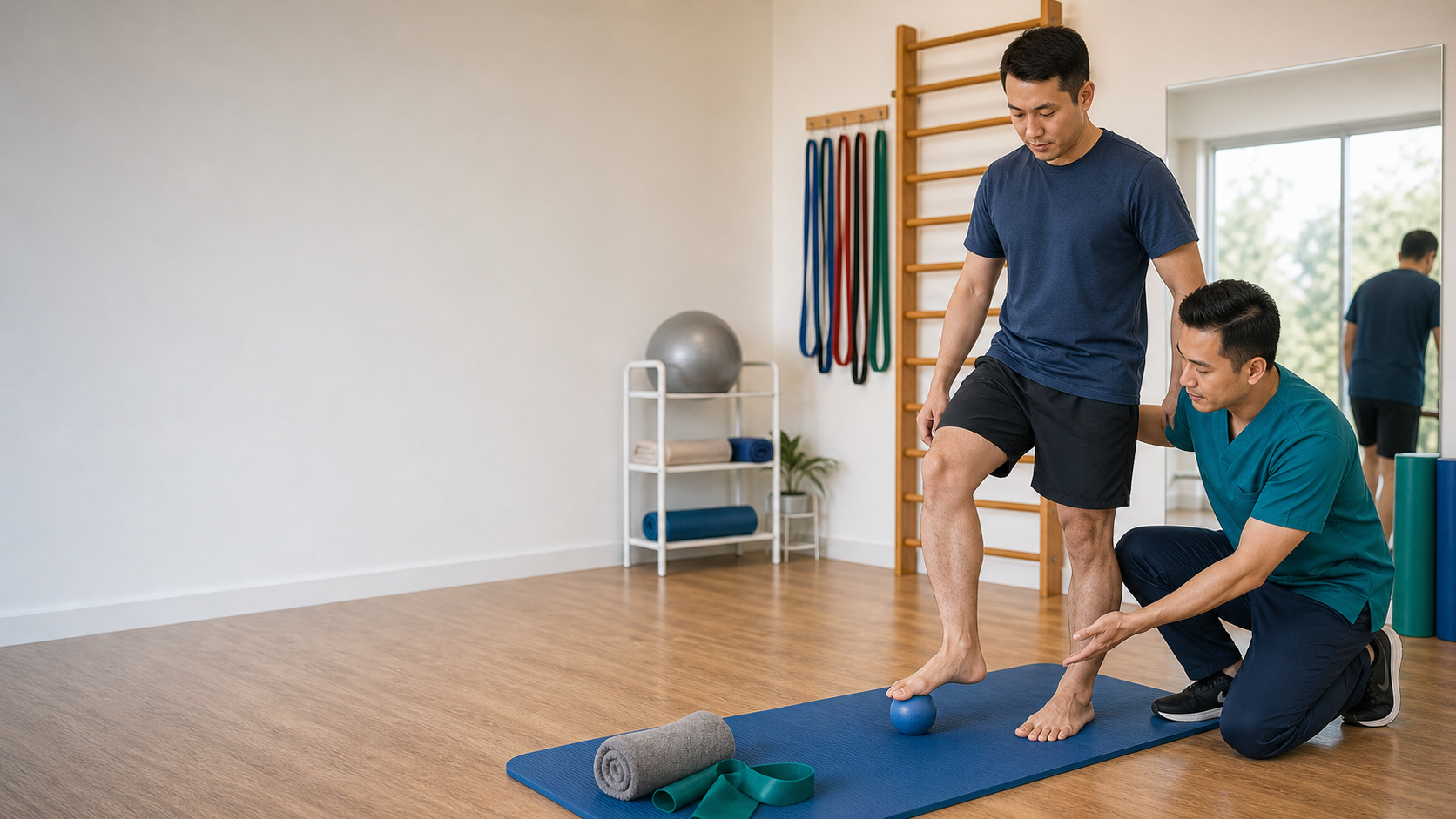 Physiotherapist demonstrating foot and calf exercise for plantar fasciitis