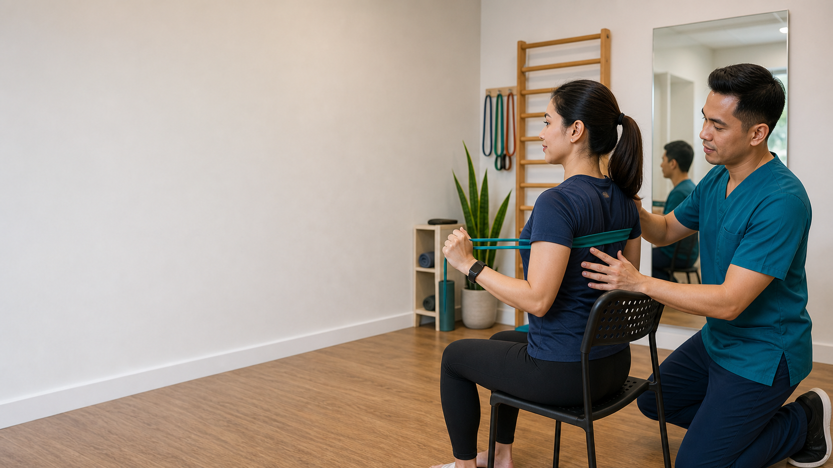 Physiotherapist coaching an office worker through a posture reset and upper back exercise