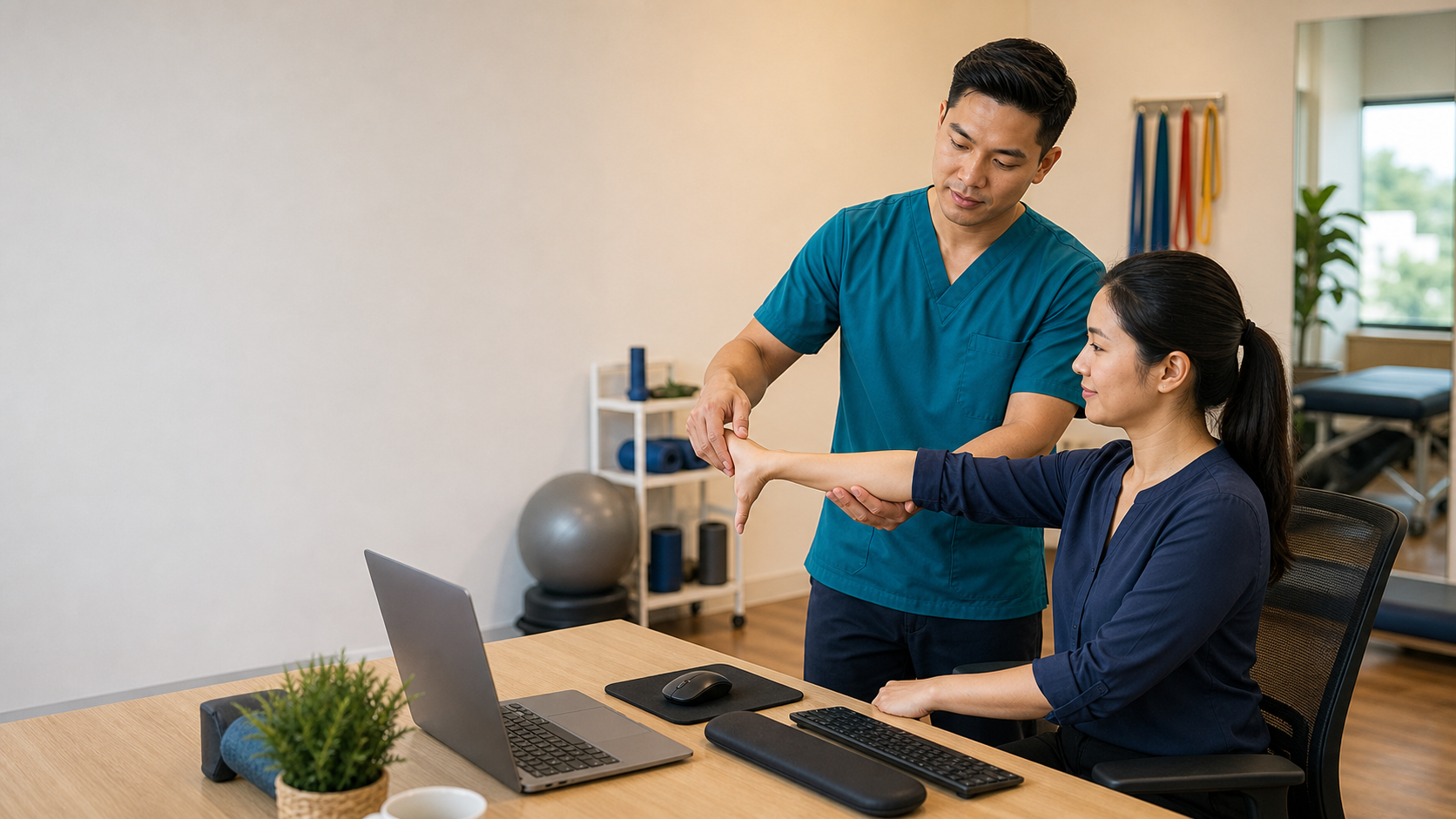 Physiotherapist showing a desk worker a forearm and wrist reset exercise for repetitive strain