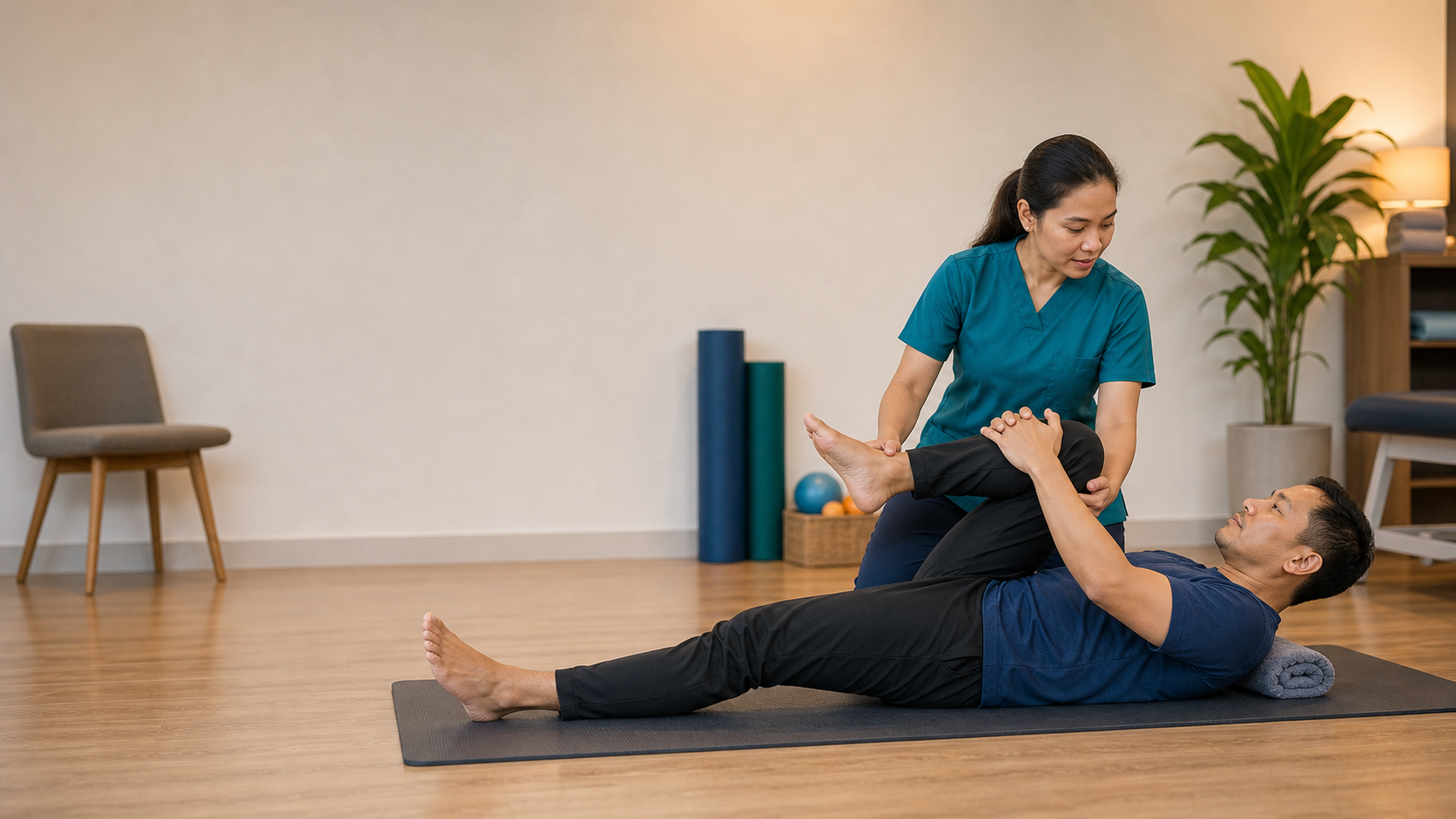 Physiotherapist teaching a patient a gentle back and hip mobility exercise for sciatica symptoms