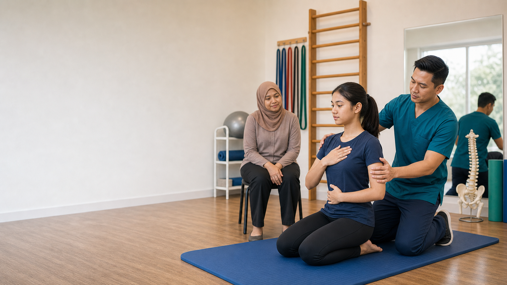 Physiotherapist guiding a young patient through a scoliosis posture and breathing exercise