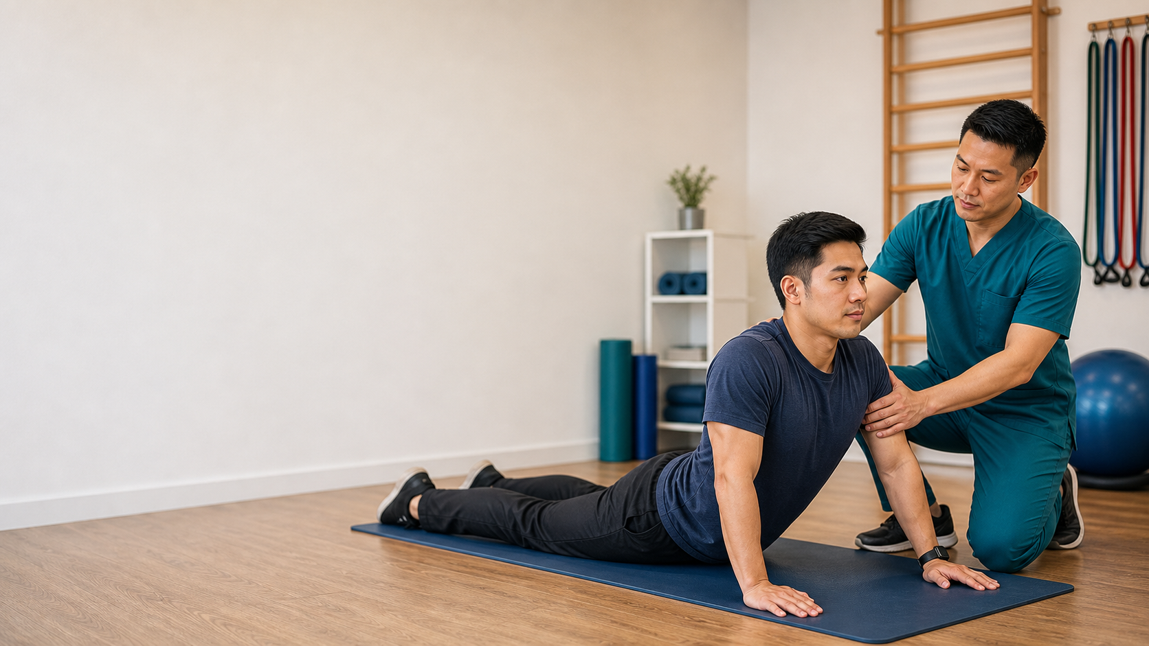 Physiotherapist coaching a patient through a safe spine-friendly movement for slipped disc symptoms