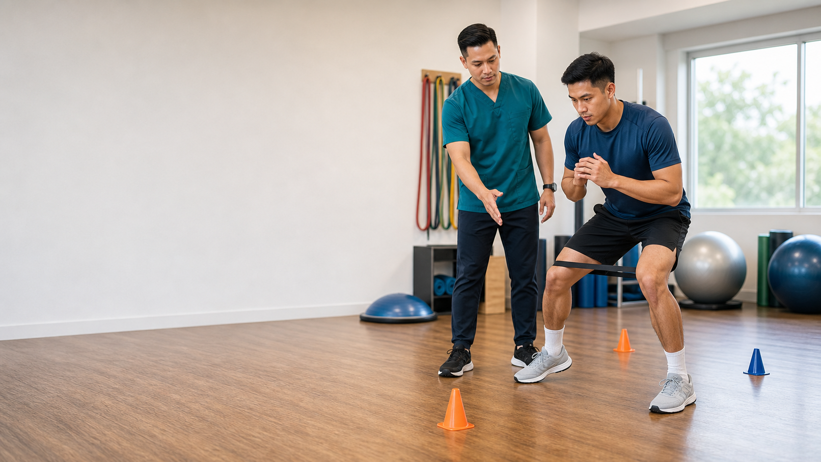 Physiotherapist coaching a recreational athlete through a safe return-to-sport drill