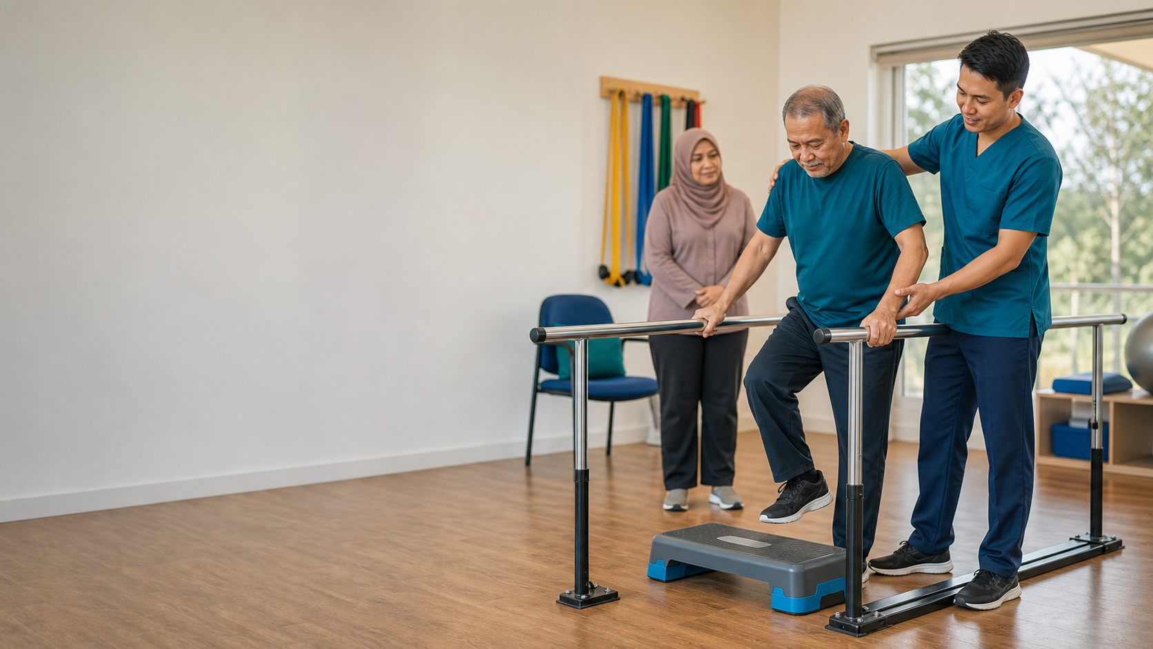 Physiotherapist assisting an older adult with supported stepping during stroke recovery