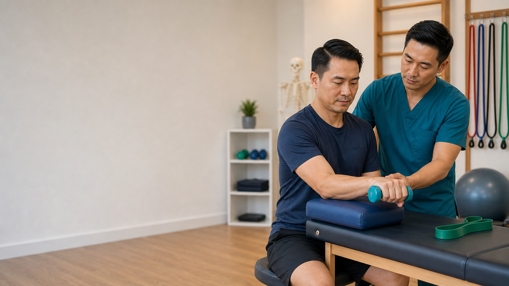 Physiotherapist coaching a patient through a controlled wrist strengthening exercise for elbow pain