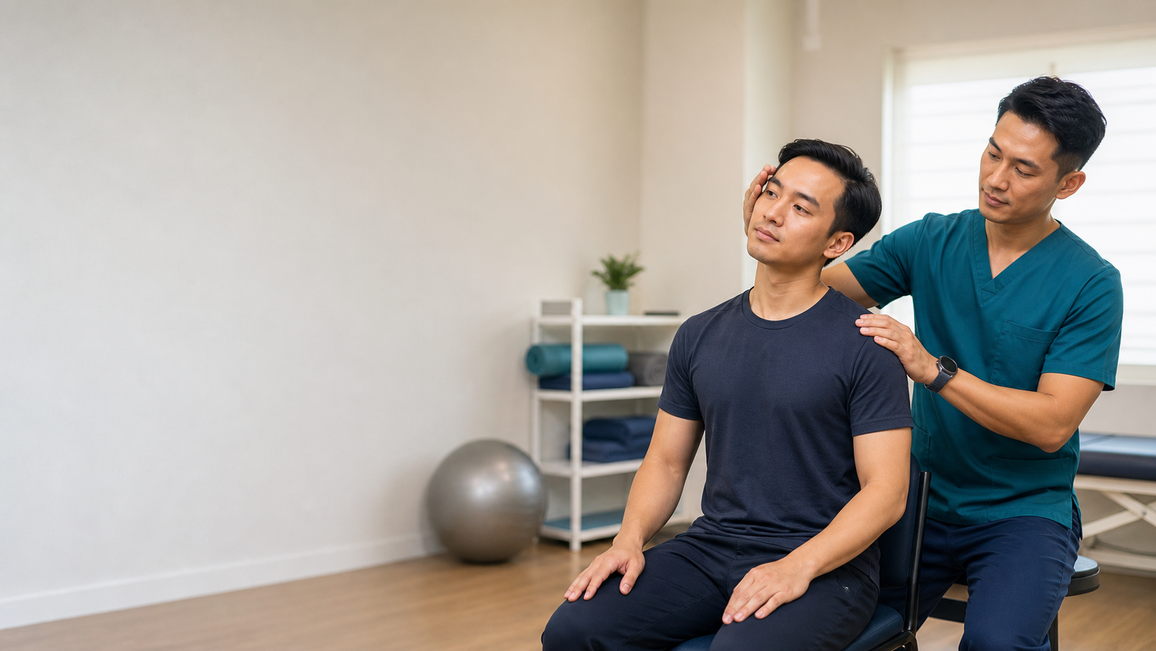 Physiotherapist teaching a patient gentle neck movement after whiplash