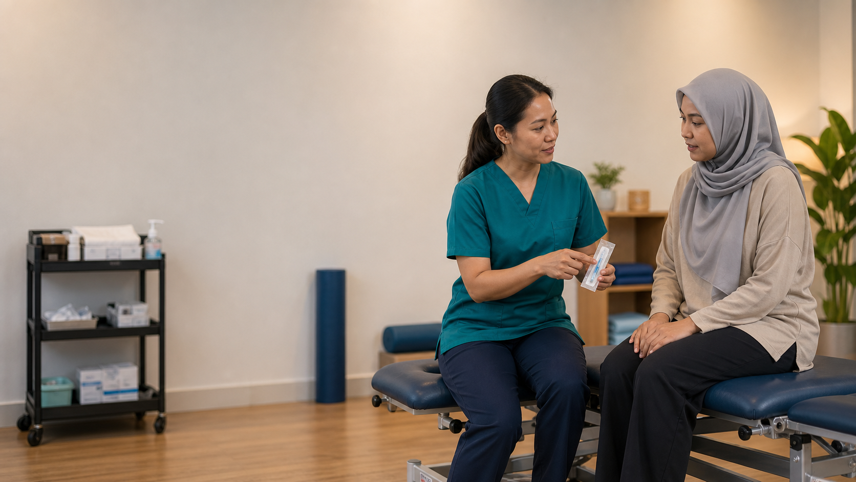 Physiotherapist explaining dry needling to a patient before treatment