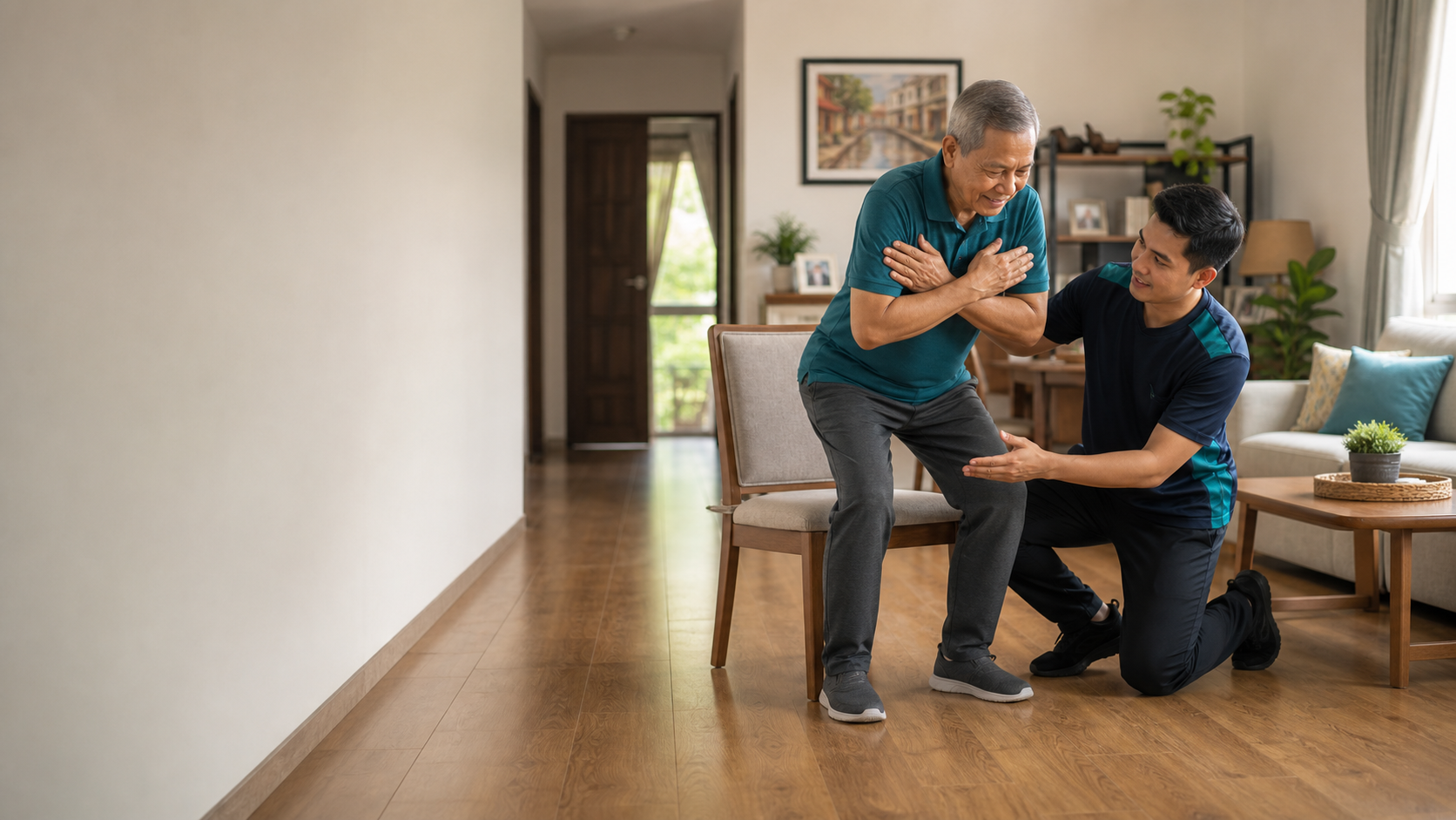 Physiotherapist coaching an older adult through a safe chair-based strength exercise at home