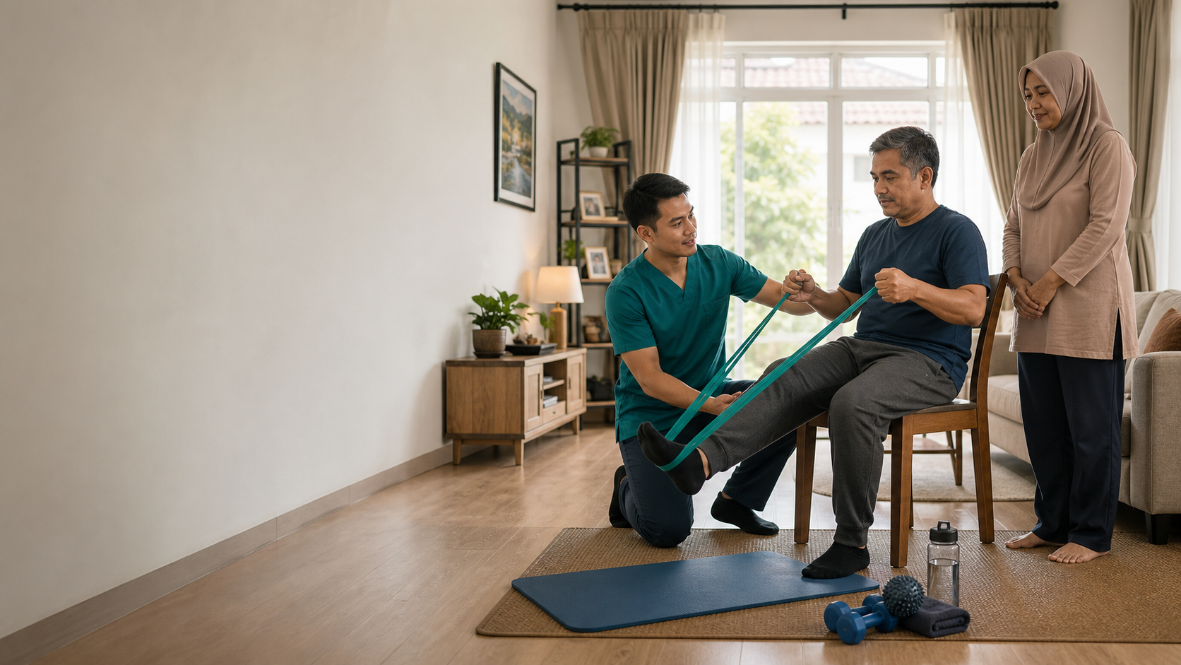 Physiotherapist demonstrating a home exercise in a Malaysian living room