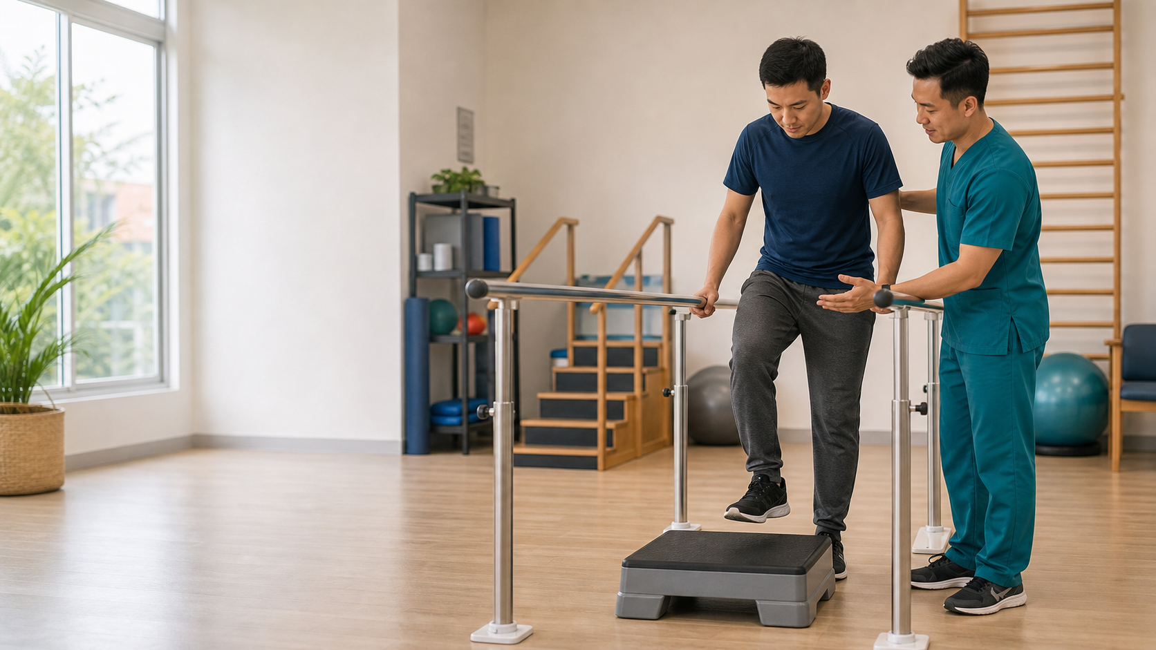 Physiotherapist coaching a patient through supported stepping practice for neurological rehabilitation