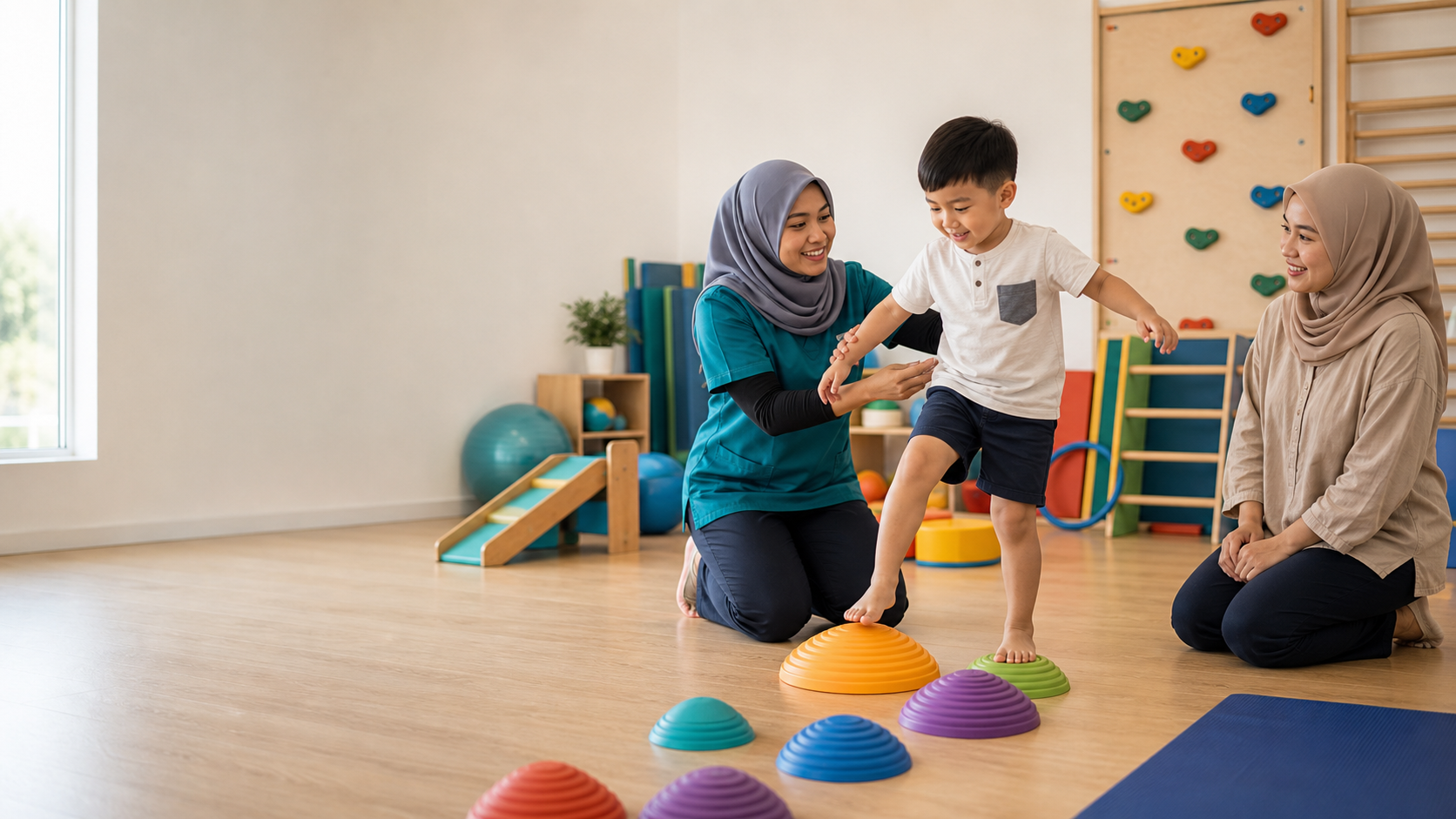 Paediatric physiotherapist guiding a child through a playful balance activity