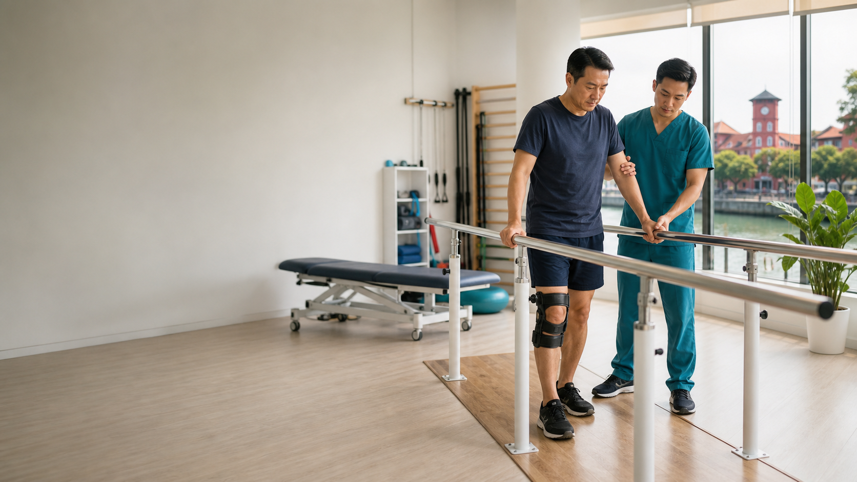Physiotherapist supporting a patient during safe walking practice after surgery
